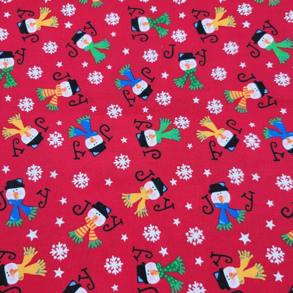 Trenas Little Bit Of Christmas Red Cotton Fabric Snowmen Joy and Scarves 30 X 44 - Picture 1 of 3